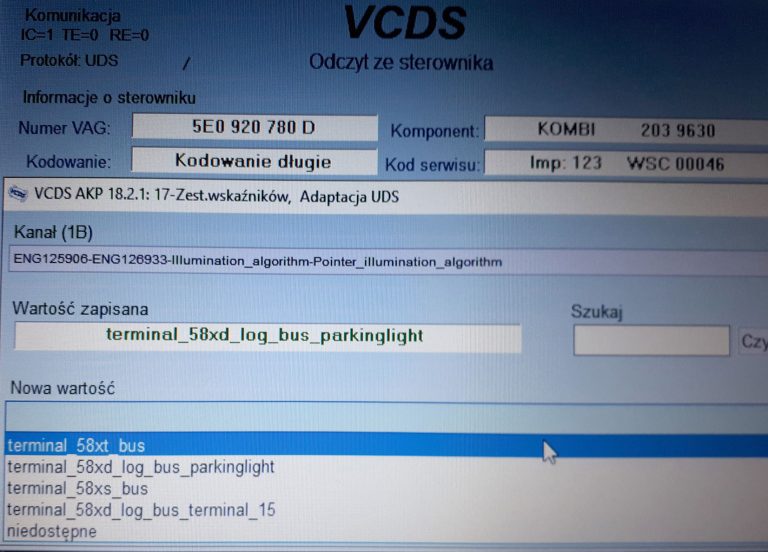 Podświetlenie wskazówek zegarów Kodowanie VCDS